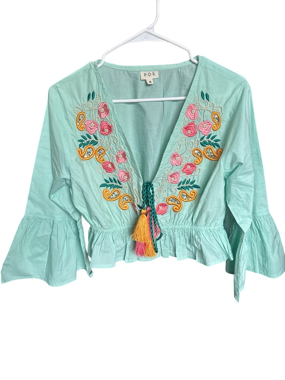 POL Mint Embroidered Peasant Blouse with Tassel Tie Floral Embroidery